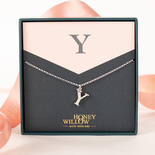 Y Initial Charm & Birthstone Necklace - Silver