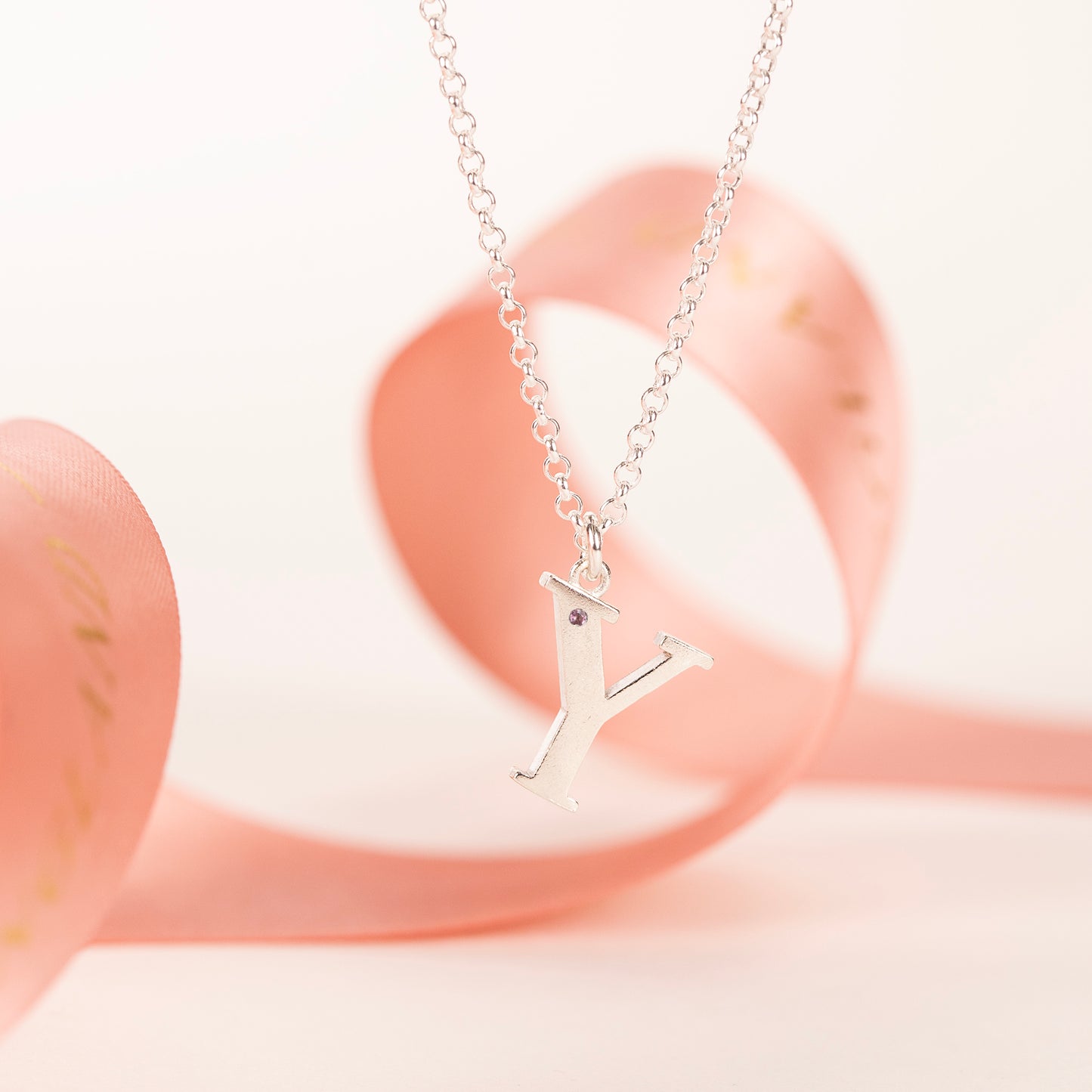 Y Initial Charm & Birthstone Necklace - Silver