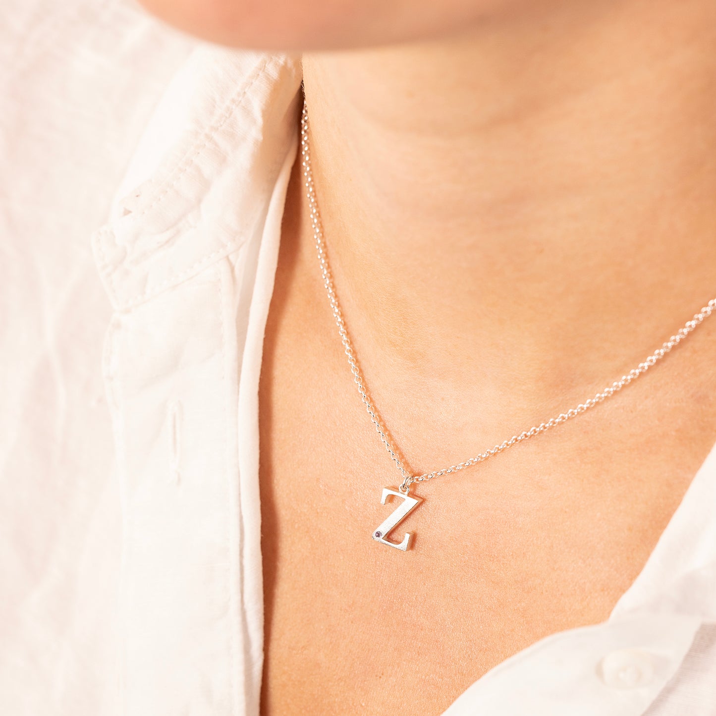 Z Initial Letter & Birthstone Necklace - Silver