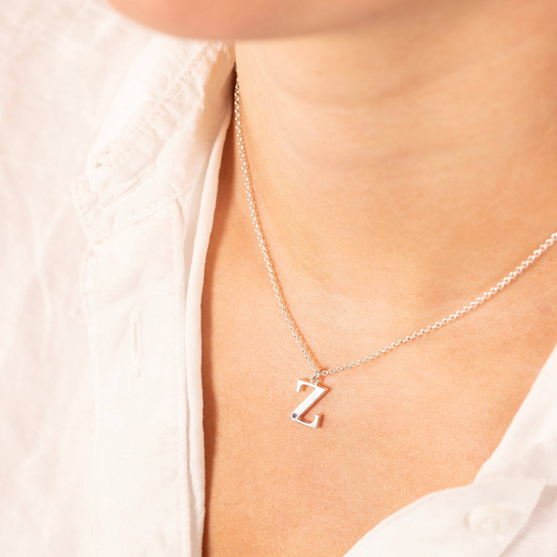 Z Initial Letter & Birthstone Necklace - Silver