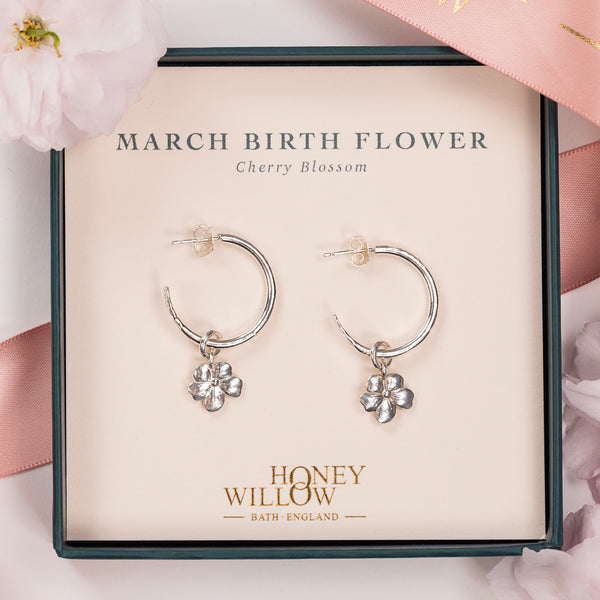 March Birth Flower Hoop Earrings Cherry Blossom Silver 2cm