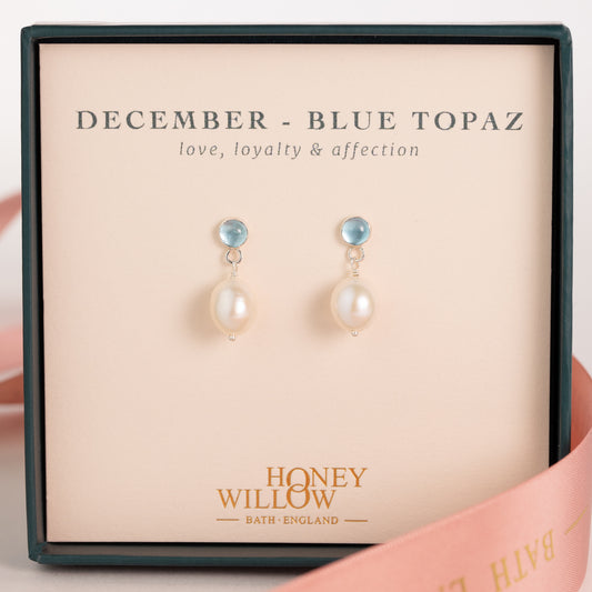 December Birthstone Earrings - Blue Topaz - Silver & Gold