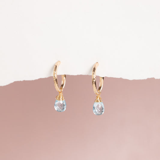 December Birthstone Earrings - Blue Topaz Gold Hoops - 1.5cm