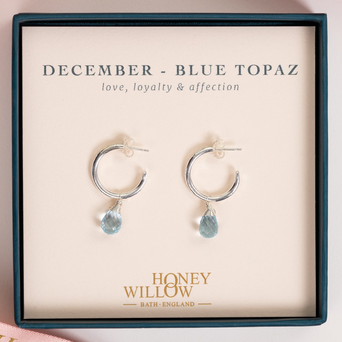 December Birthstone Earrings - Blue Topaz Silver Hoops - 1.5cm