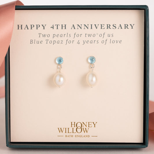 4th Anniversary Gift - Blue Topaz Anniversary Earrings - Silver & Gold