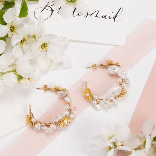 Statement Pearl Encrusted Flower Hoops - Silver & Gold - Carissa