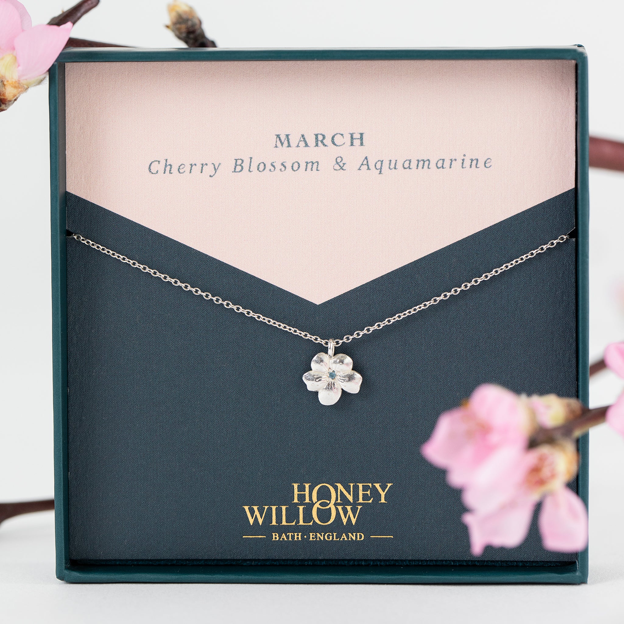 March Birth Flower & Birthstone Necklace - Cherry Blossom & Aquamarine ...