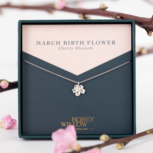March Birth Flower Necklace - Cherry Blossom - Silver