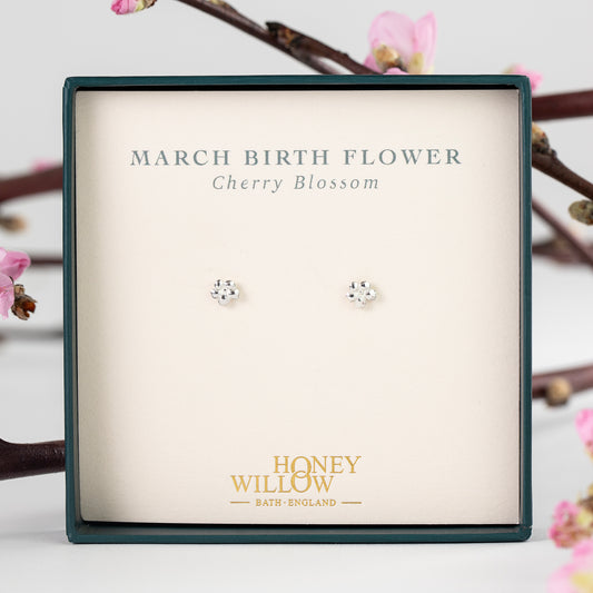 March Birth Flower Earrings - Cherry Blossom Studs - Silver