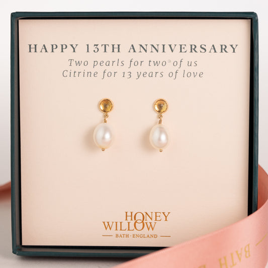13th Anniversary Gift - Citrine Anniversary Earrings - Silver & Gold