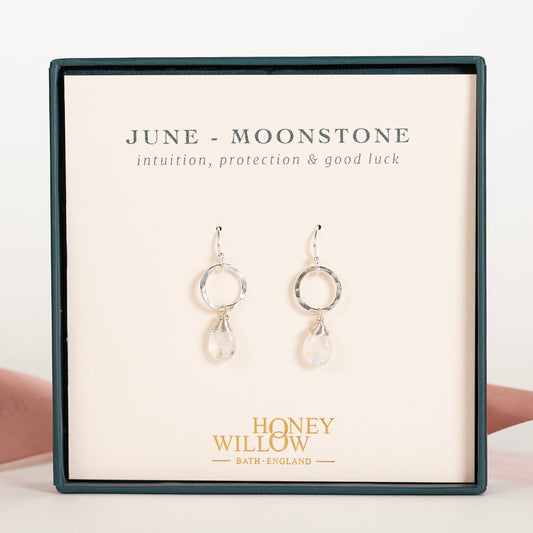 June Birthstone Circle Earrings - Moonstone - Silver & Gold