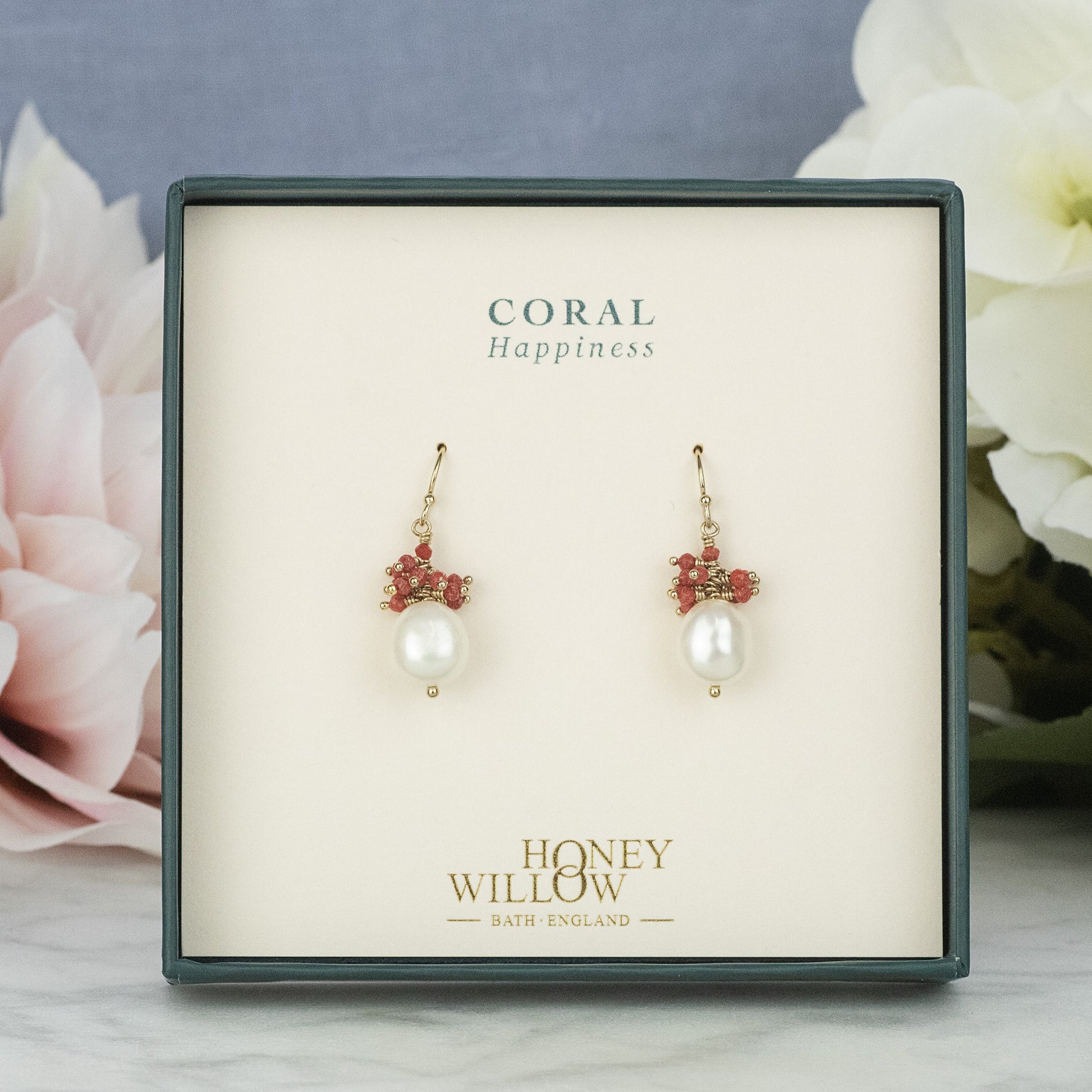 Coral & Pearl Earrings - Happiness - Silver & Gold