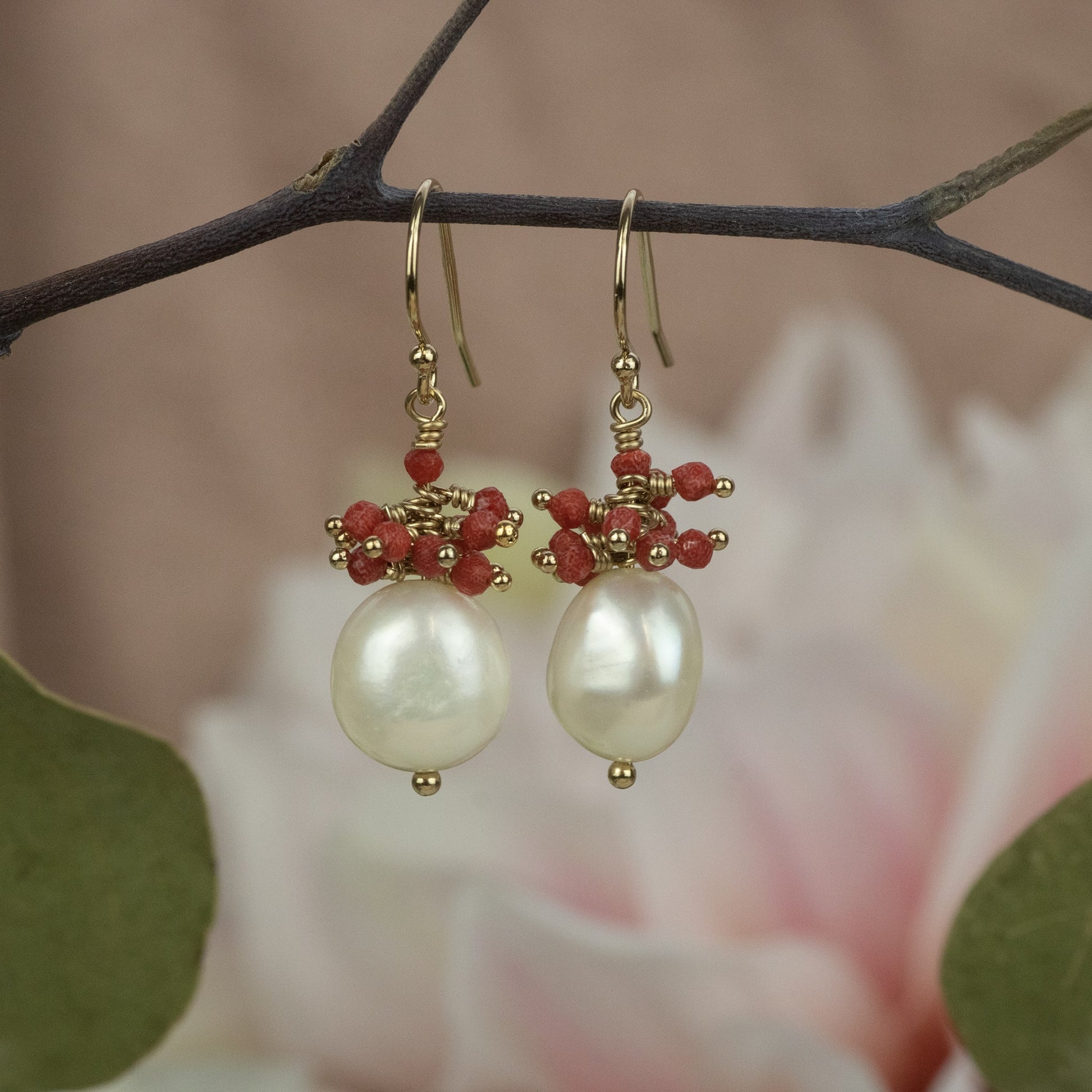 Coral & Pearl Earrings - Happiness - Silver & Gold