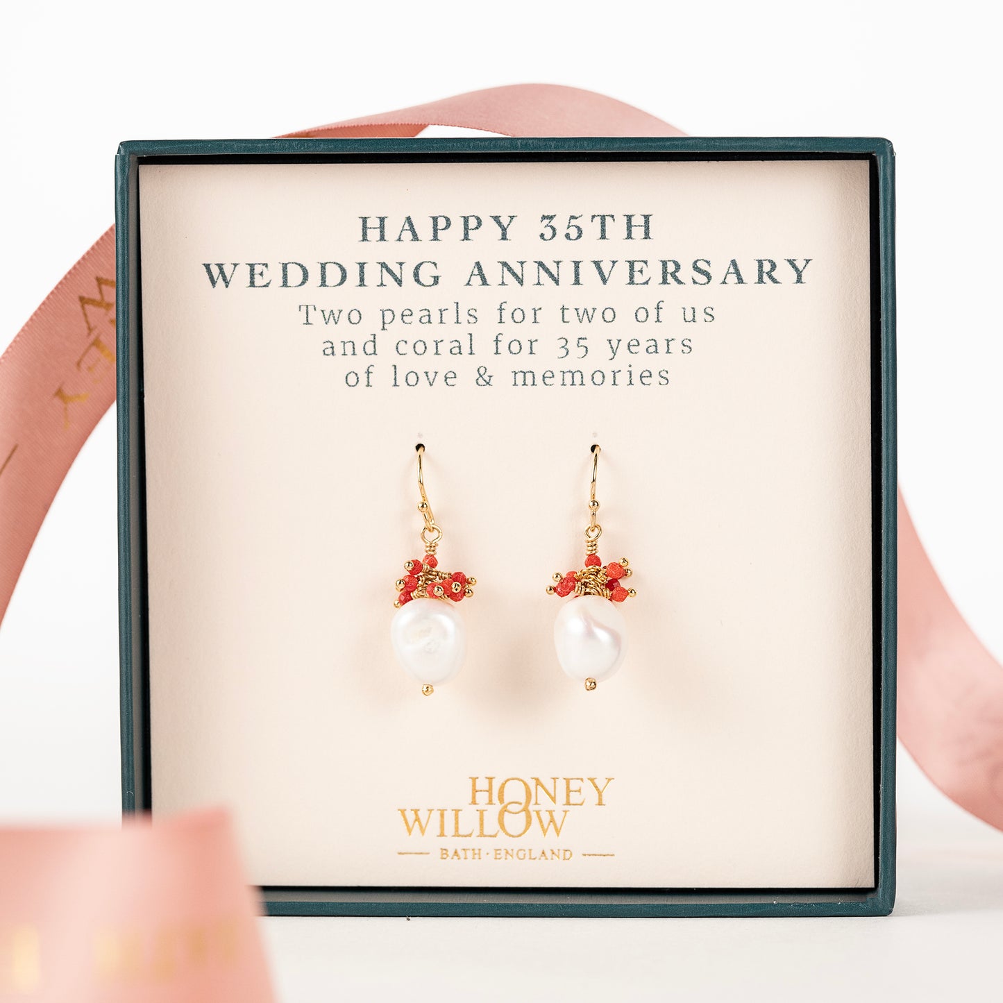 35th Anniversary Gift - Coral & Pearl Earrings - Silver & Gold