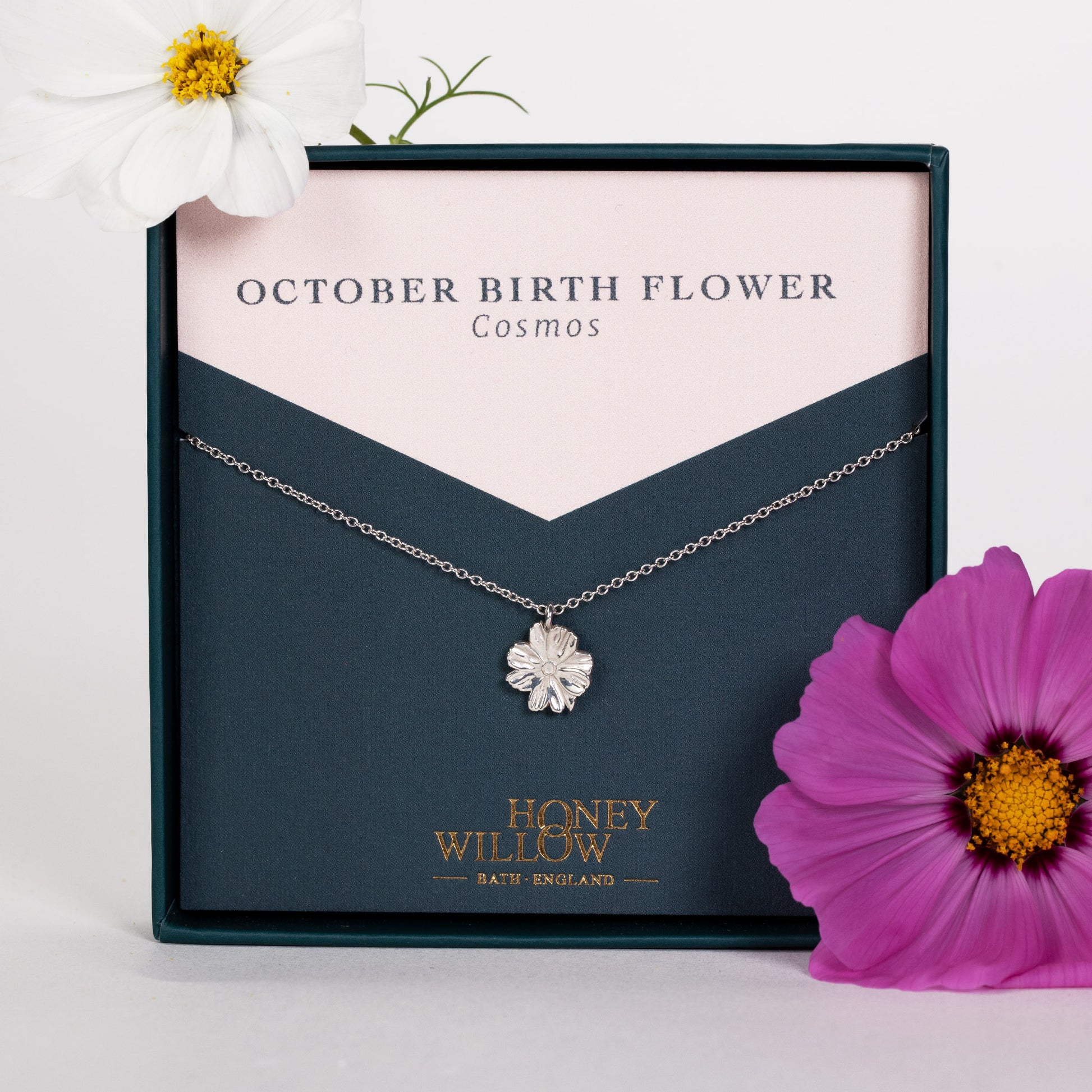 October Birth Flower Necklace - Cosmos - Silver