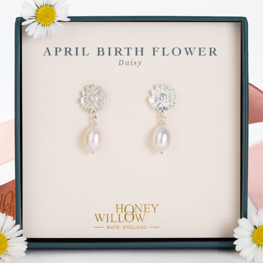 April Birth Flower Earrings - Daisy - Silver & Pearl
