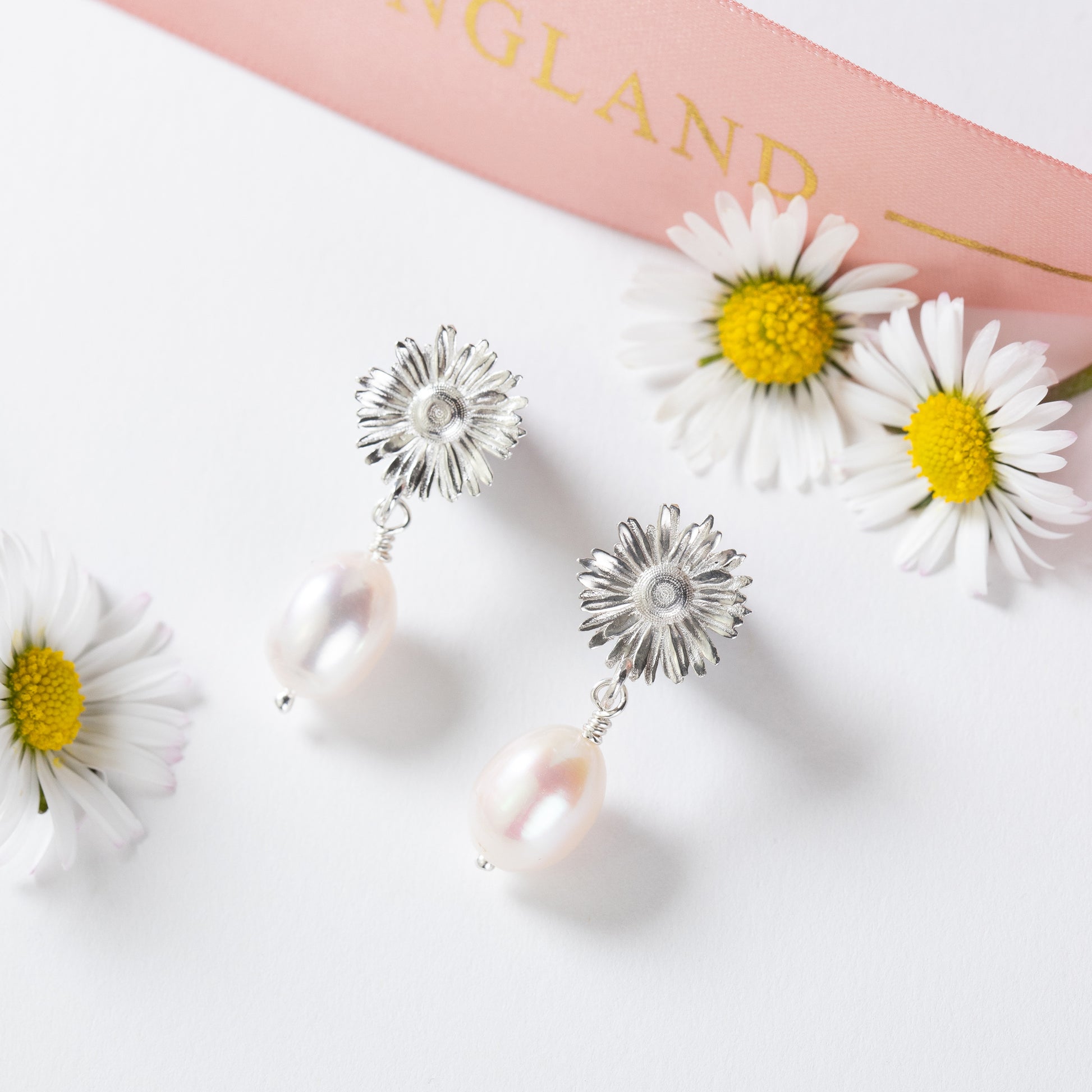 Daisy Flower Earrings - Hope - Silver & Pearl