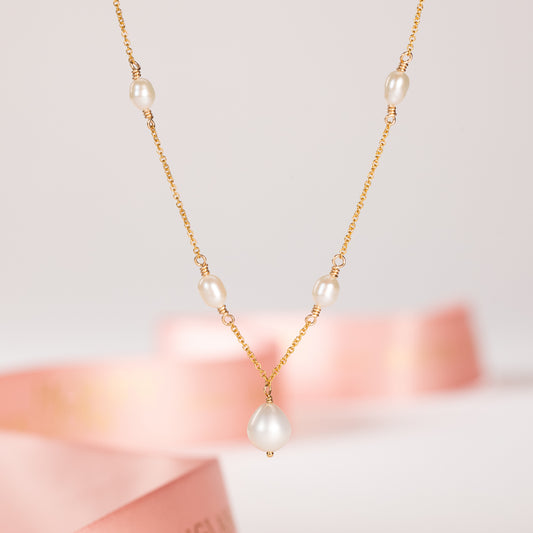 Delicate Pearl V Drop Necklace - Silver & Gold