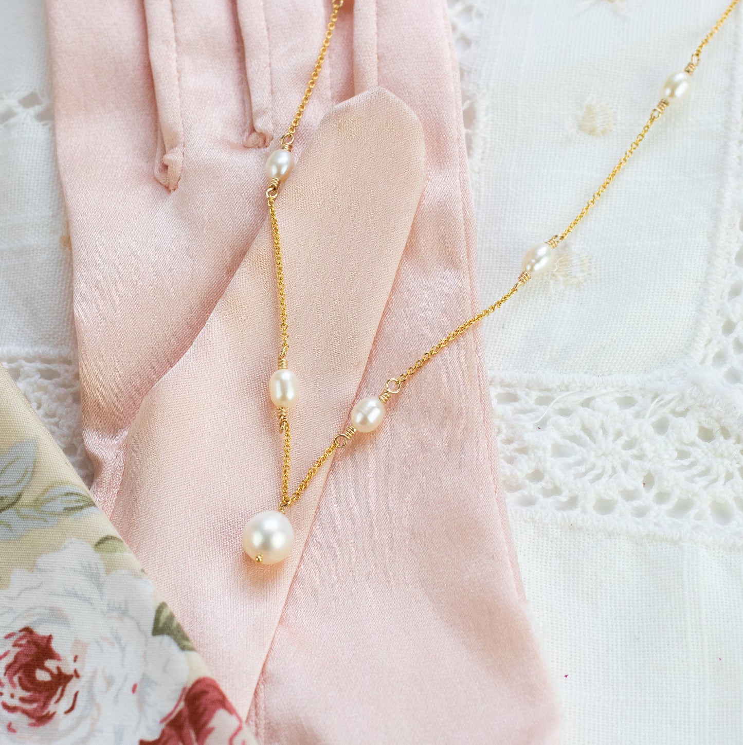 Delicate Pearl V Drop Necklace - Silver & Gold