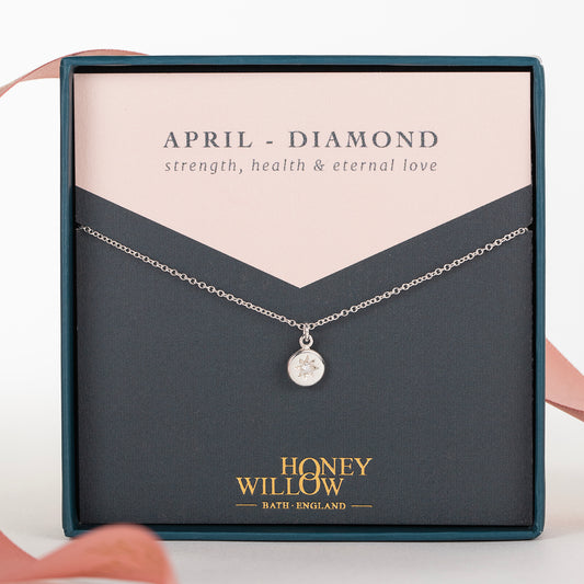 April Birthstone Necklace - Diamond Star Set Pendant - Silver