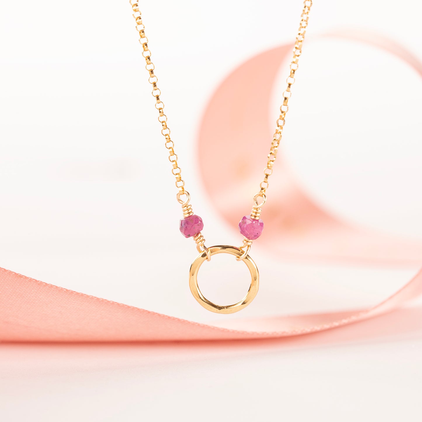 July Birthstone Halo Necklace - Ruby - Silver & Gold