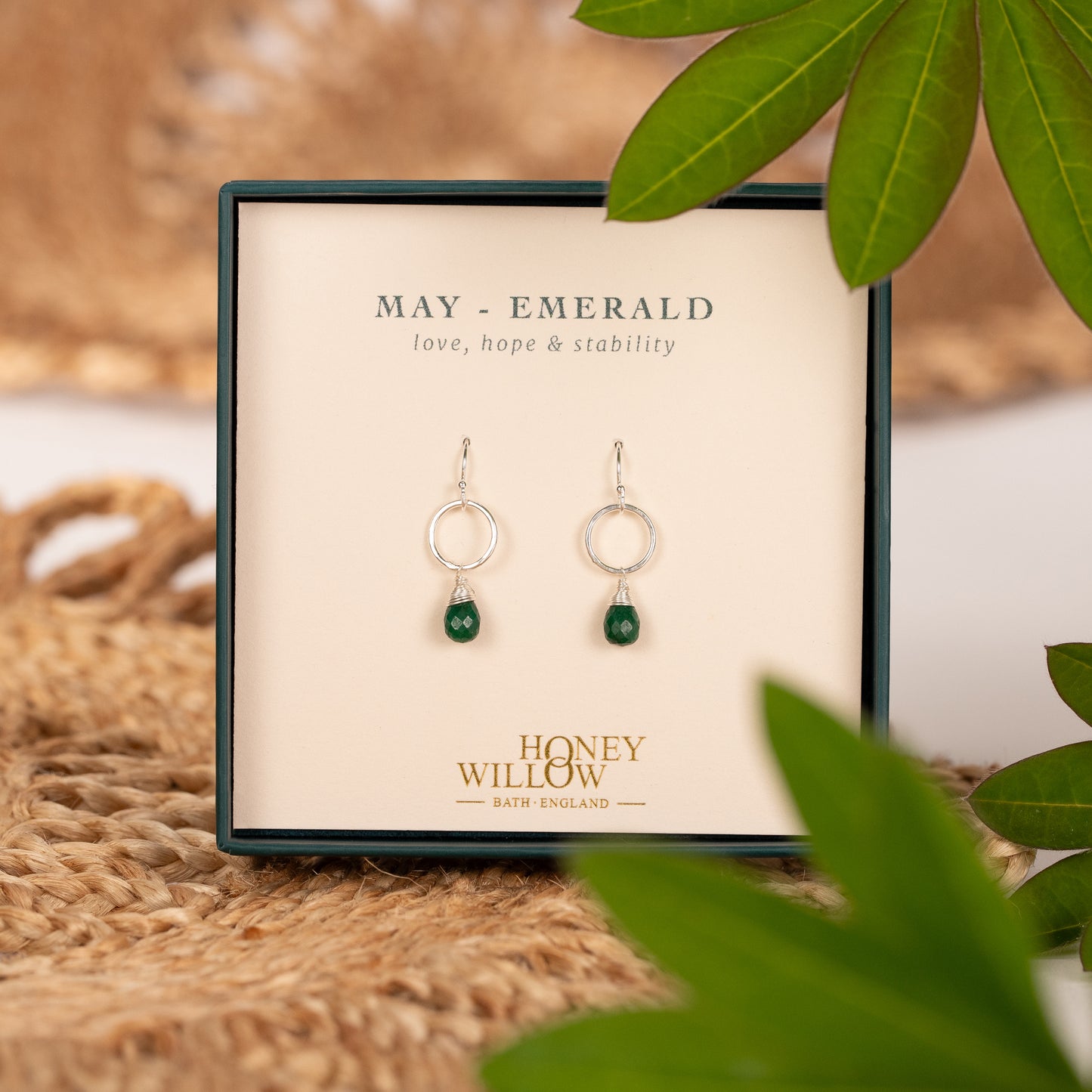 May Birthstone Circle Earrings - Emerald - Silver & Gold