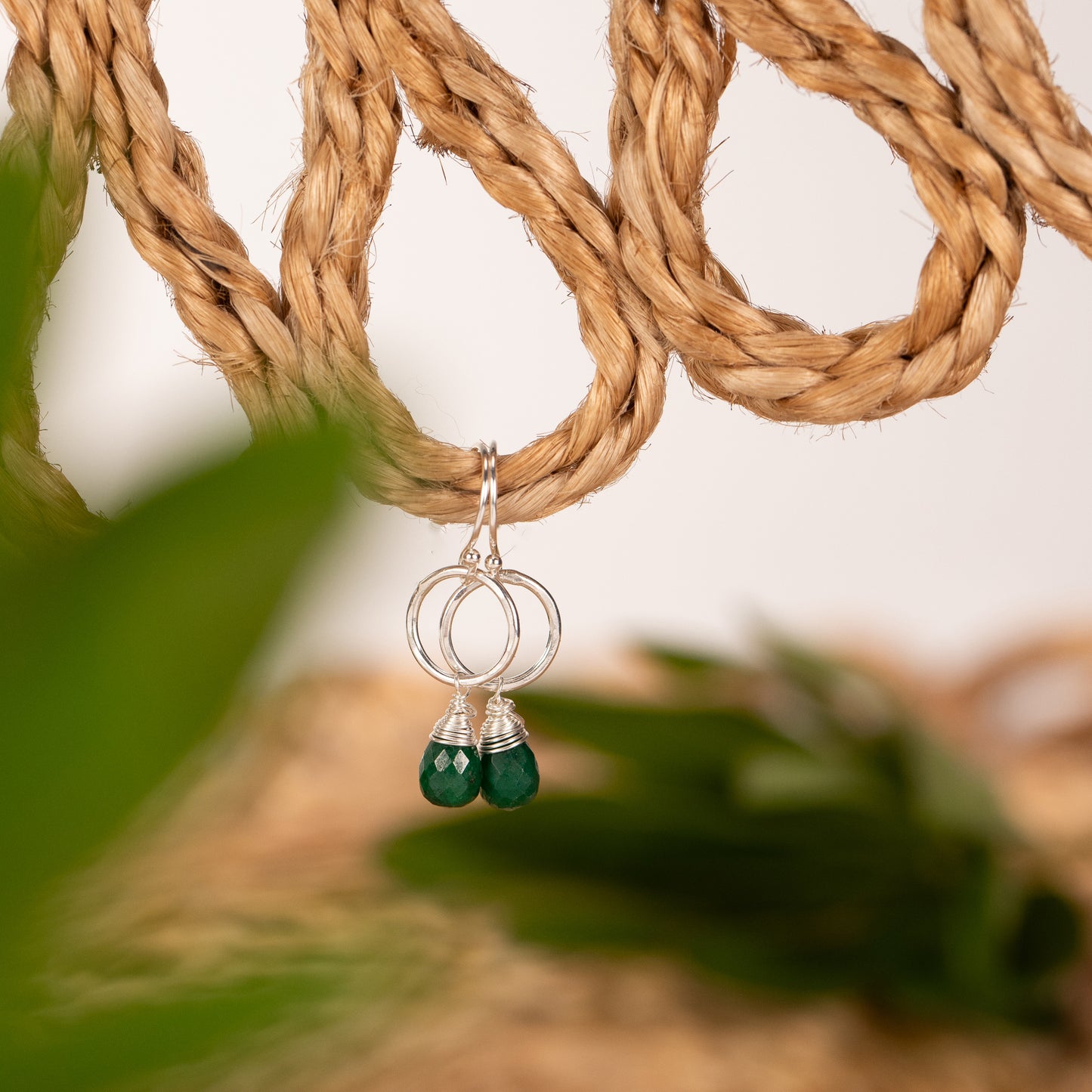 May Birthstone Circle Earrings - Emerald - Silver & Gold
