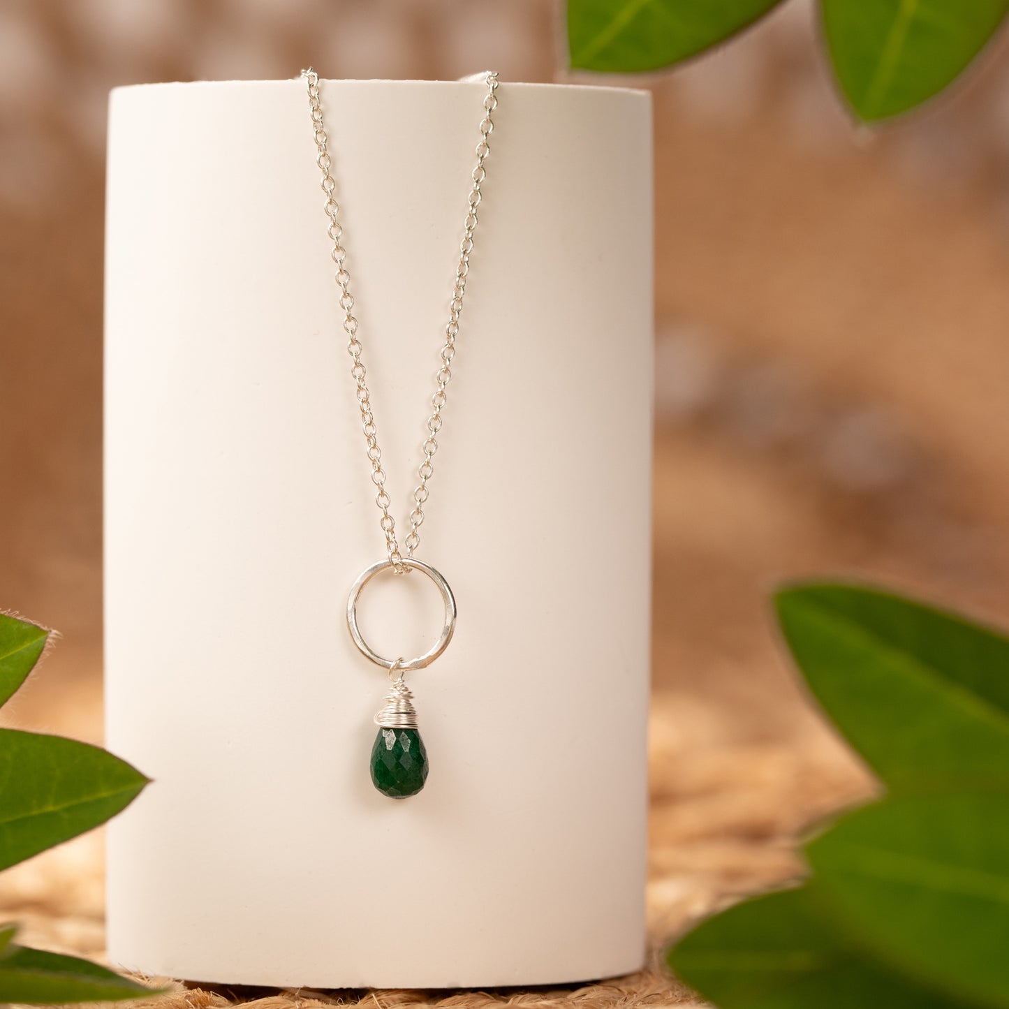 May Birthstone Circle Necklace - Emerald - Silver & Gold