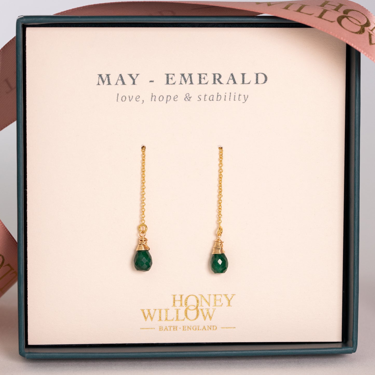 May Birthstone Threader Earrings - Emerald - Silver & Gold