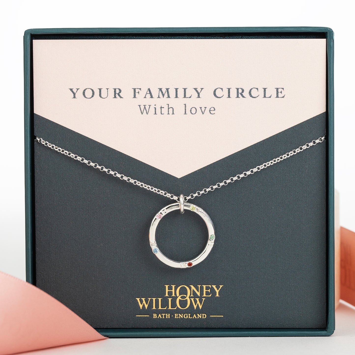 Family Circle Necklace - Birthstones & Initials - Silver