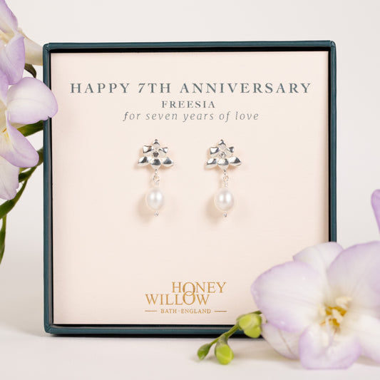 7th Anniversary Gift - Freesia Flower Earrings - Silver & Pearl