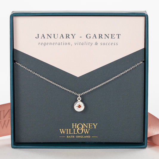 January Birthstone Necklace - Garnet Star Set Pendant - Silver