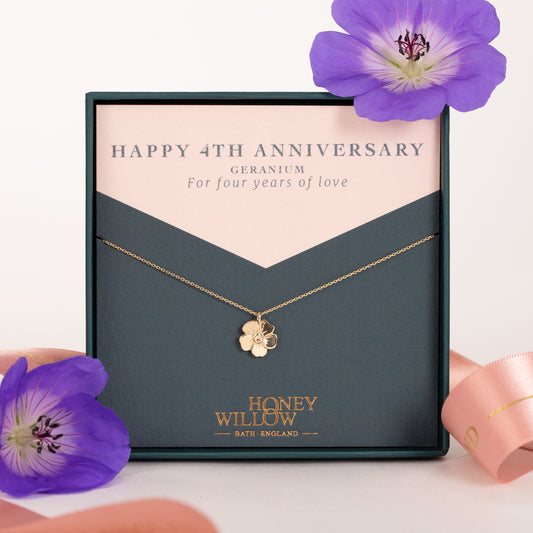 4th Anniversary Gift - Geranium Flower Necklace - 9kt Gold