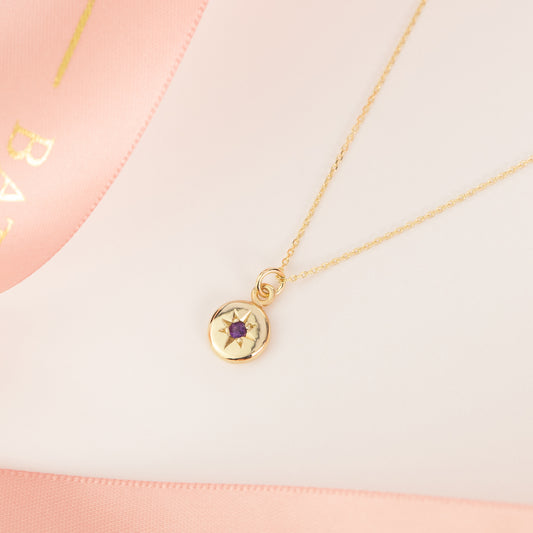 February Birthday Gift - Amethyst Star Set Necklace - 9kt Gold