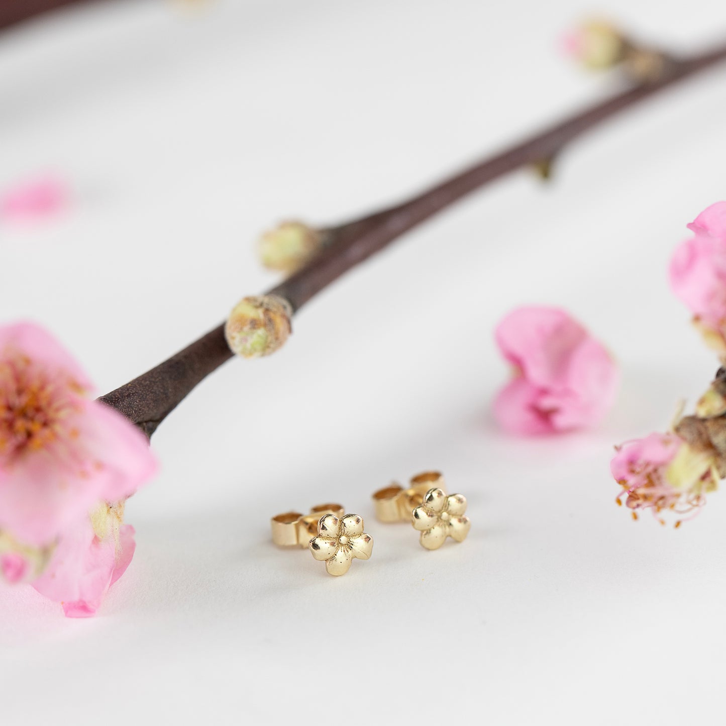 March Birth Flower Earrings - Cherry Blossom Studs - 9kt Gold