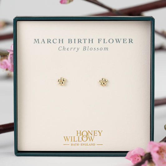 March Birth Flower Earrings - Cherry Blossom Studs - 9kt Gold