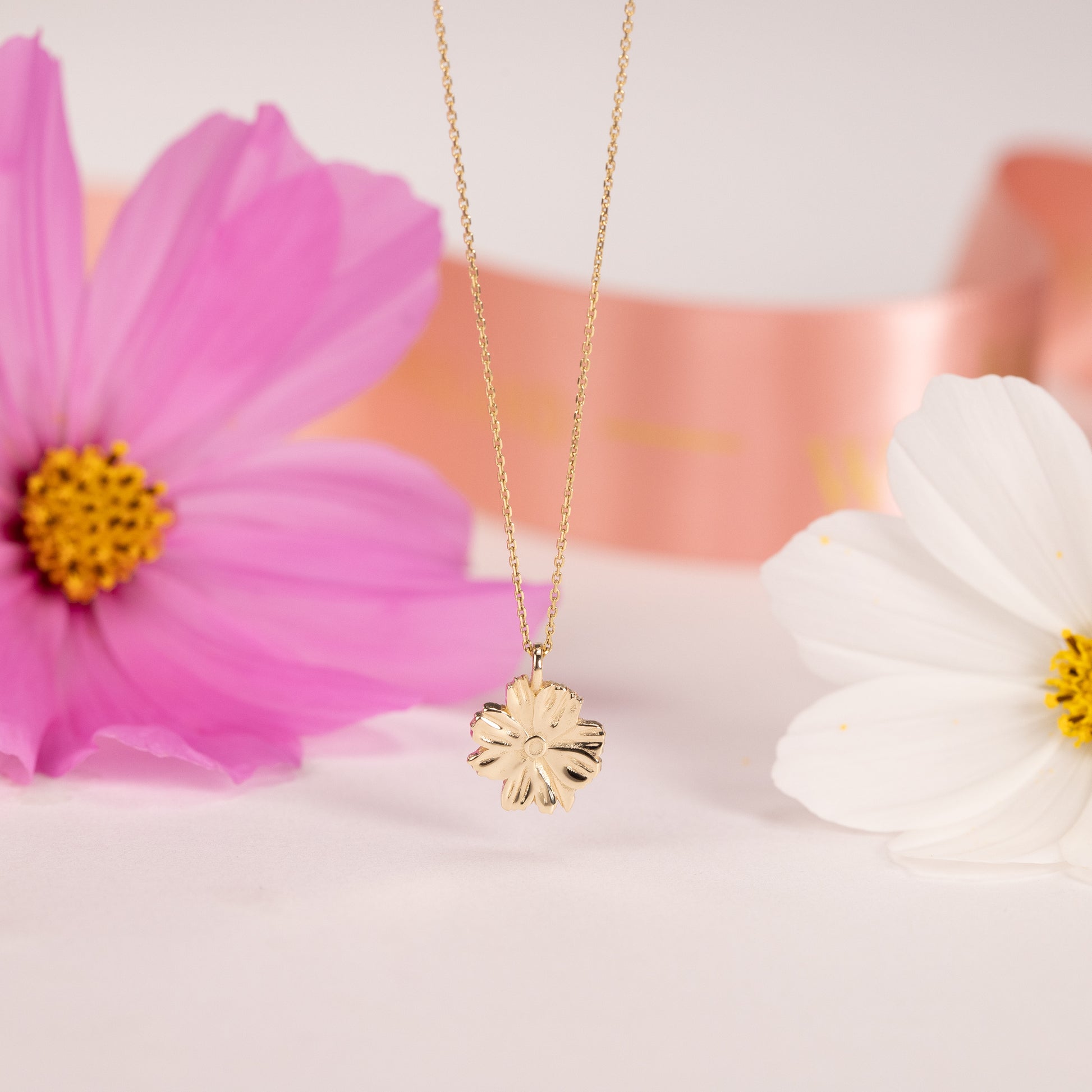 2nd Anniversary Gift - Cosmos Flower Necklace - 9kt Gold