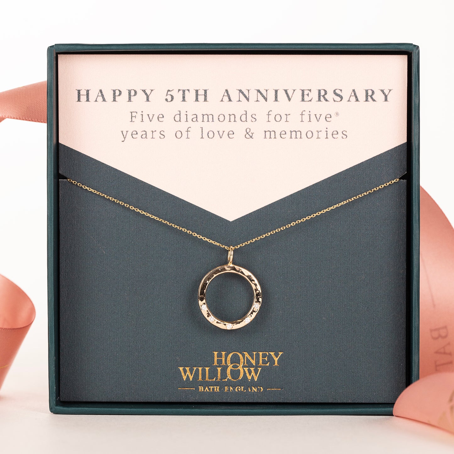 5th Anniversary Gift - 5 Diamonds for 5 Years Halo Necklace - 9kt Gold & Lab Grown Diamonds