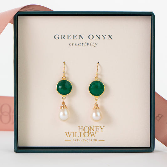 Green Onyx & Pearl Drop Earrings - Creativity - Gold