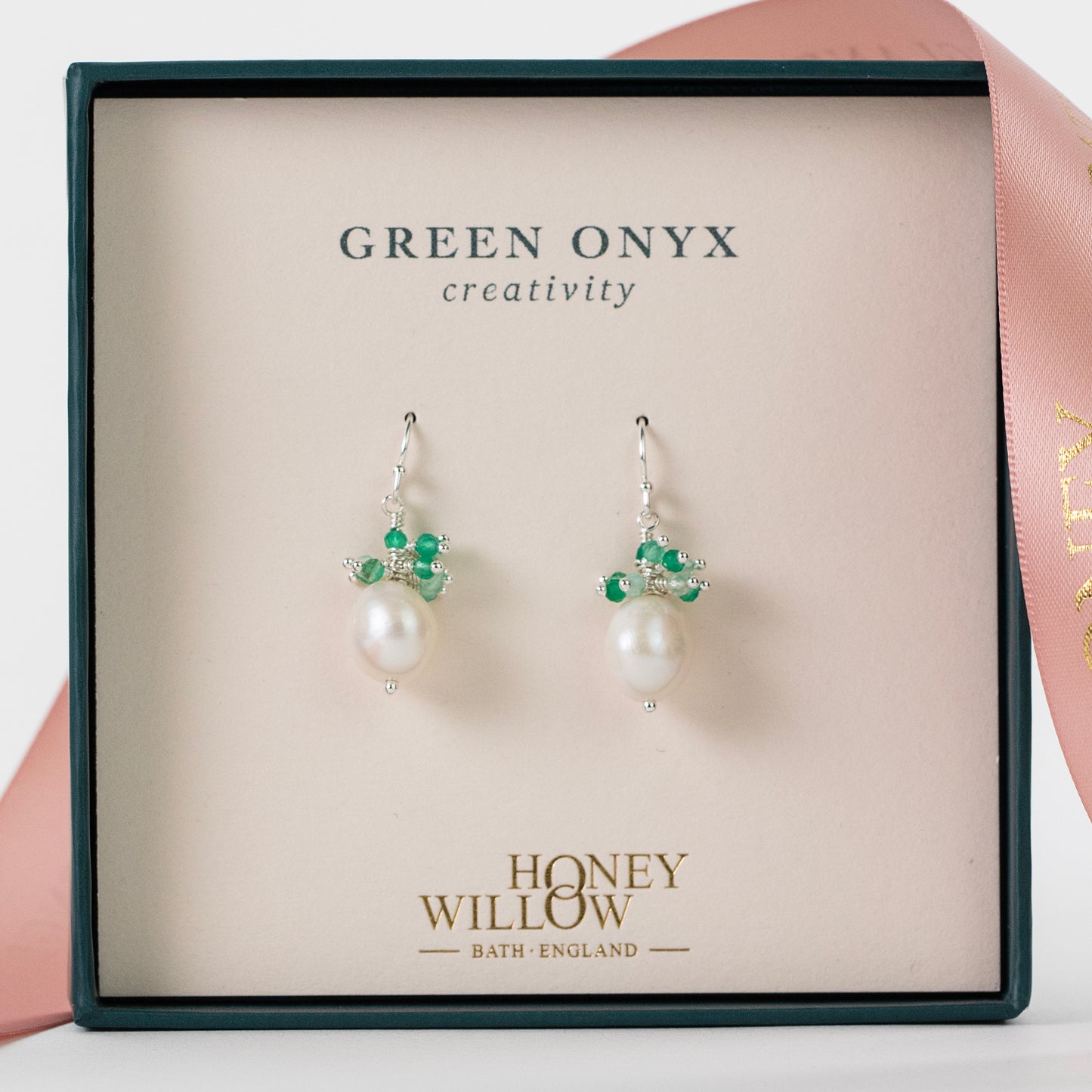 Green Onyx & Pearl Earrings - Creativity - Silver & Gold