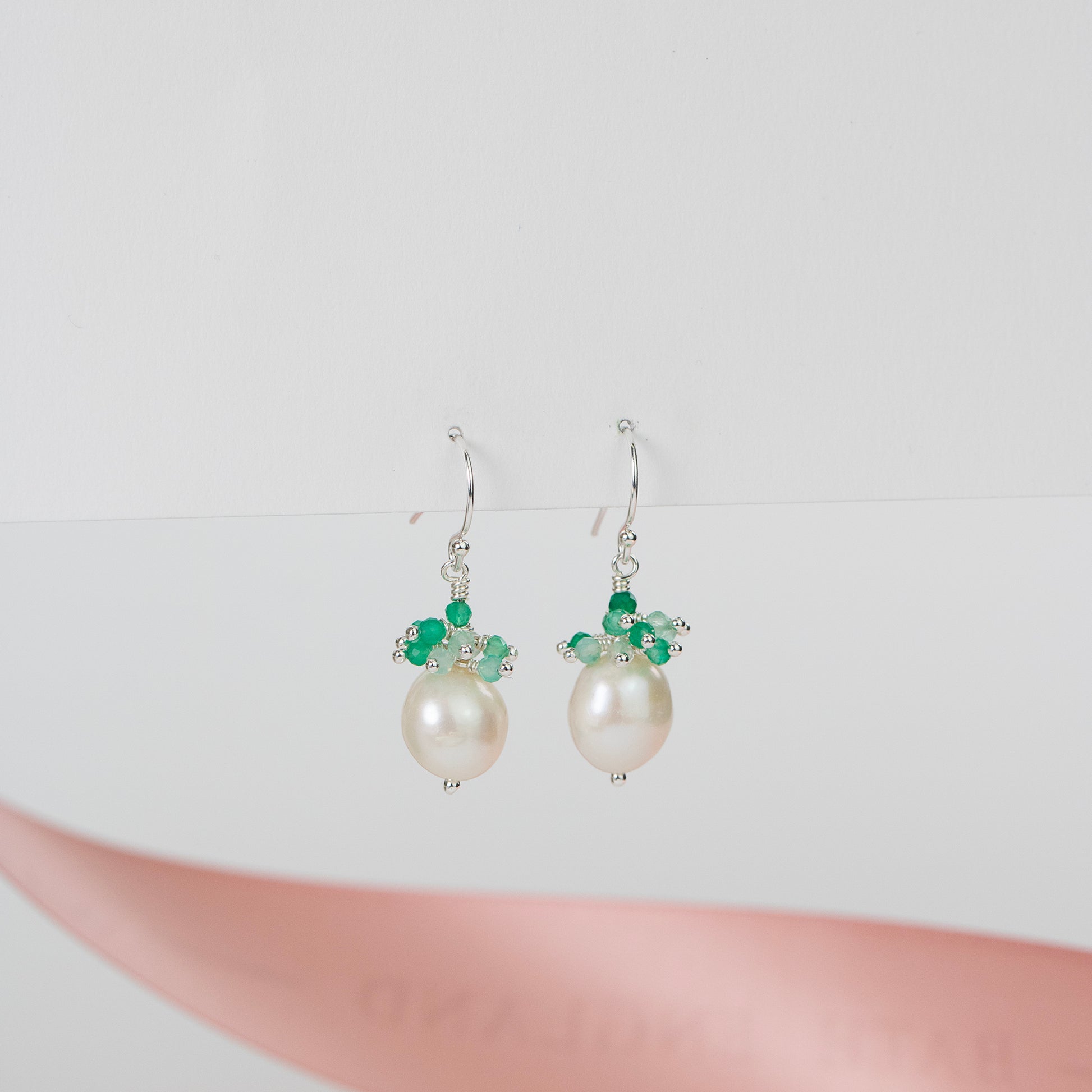 Green Onyx & Pearl Earrings - Creativity - Silver & Gold