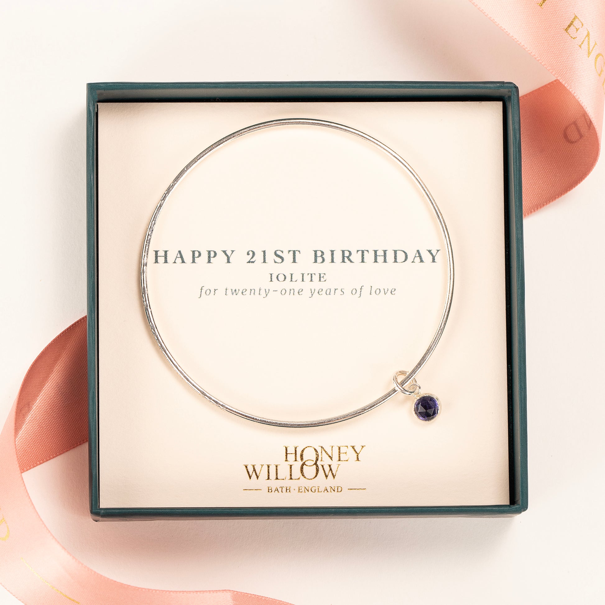 21st Birthday Gift - Personalised Iolite Bangle - Silver