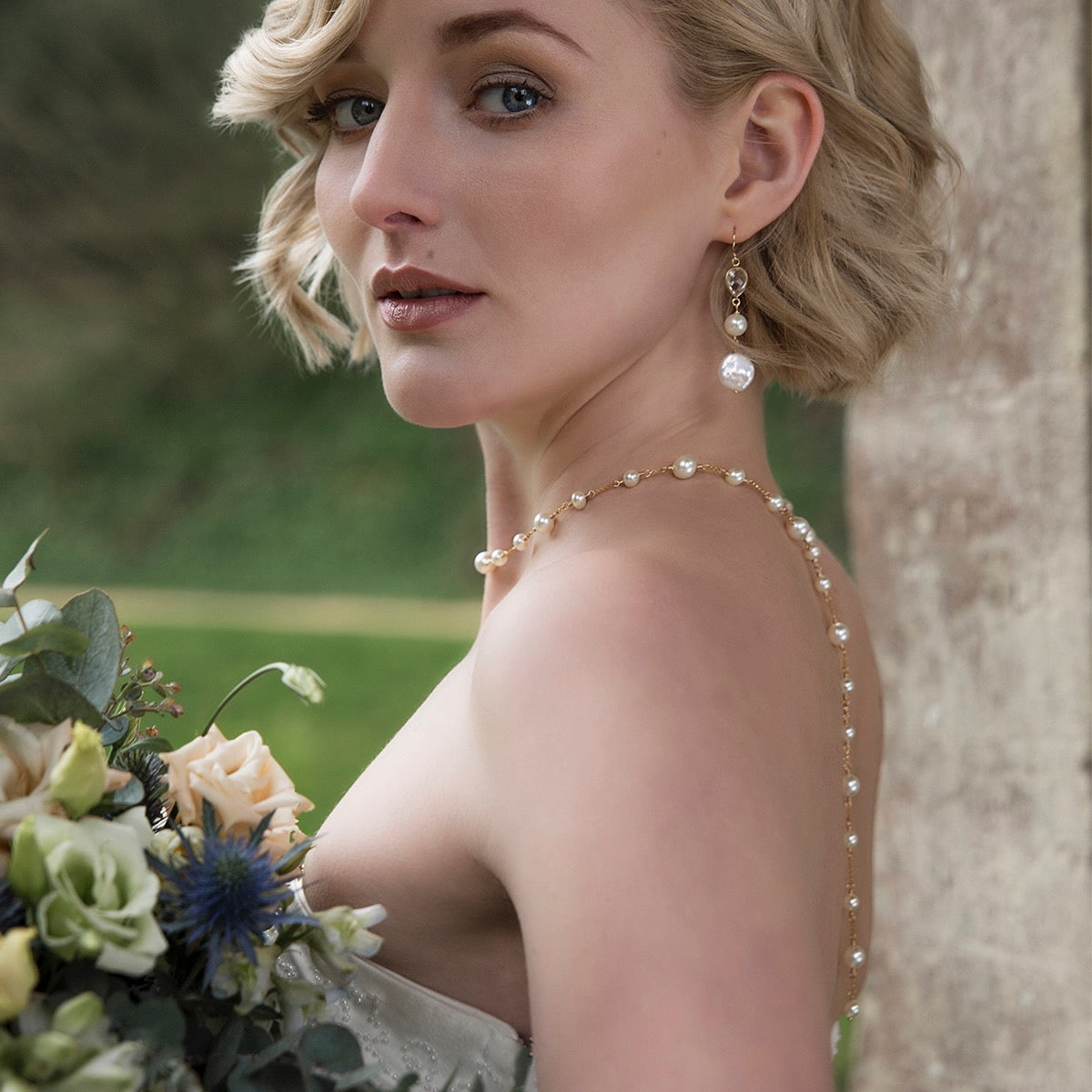 Pearl Long Back Bridal Necklace - Silver & Gold - Juliet