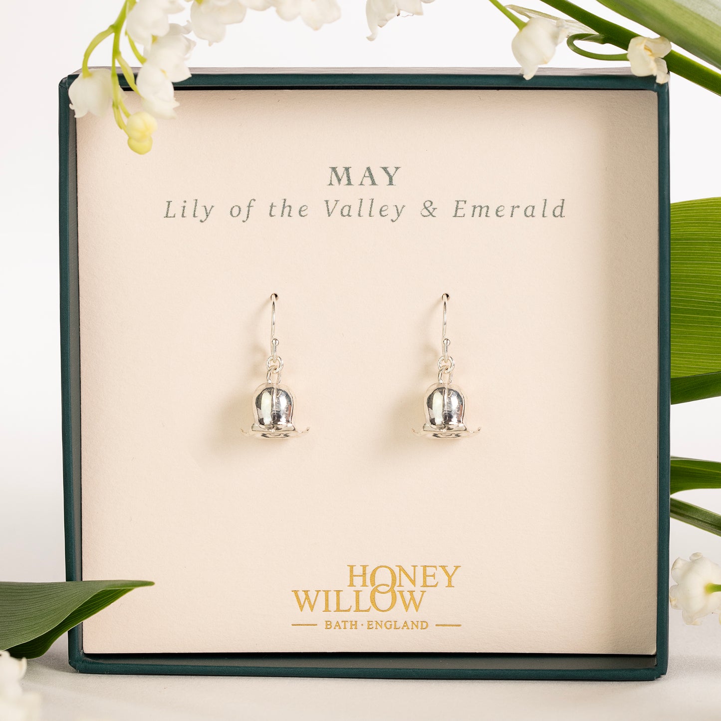 May Birth Flower & Birth Stone Earrings - Lily of the Valley & Emerald  - Silver