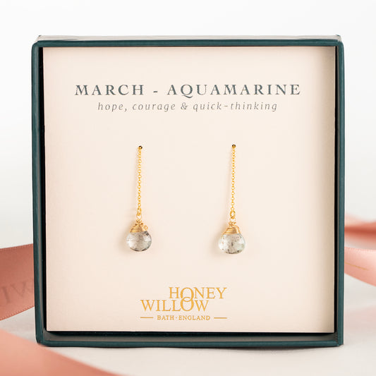March Birthstone Threader Earrings - Aquamarine - Silver & Gold