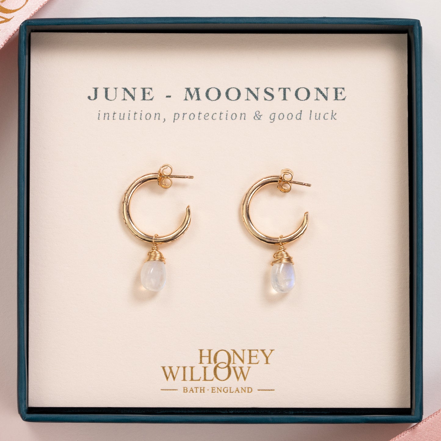June Birthstone Earrings - Moonstone Gold Hoops - 1.5cm