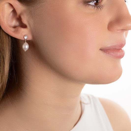 June Birthstone Earrings - Moonstone & Pearl - Silver & Gold