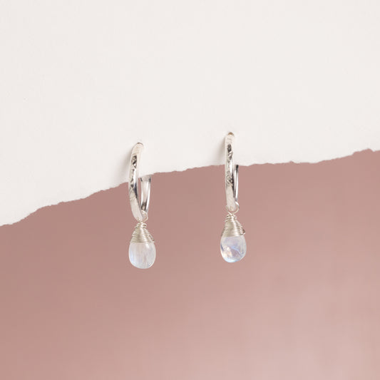 June Birthstone Earrings - Moonstone Silver Hoops - 1.5cm