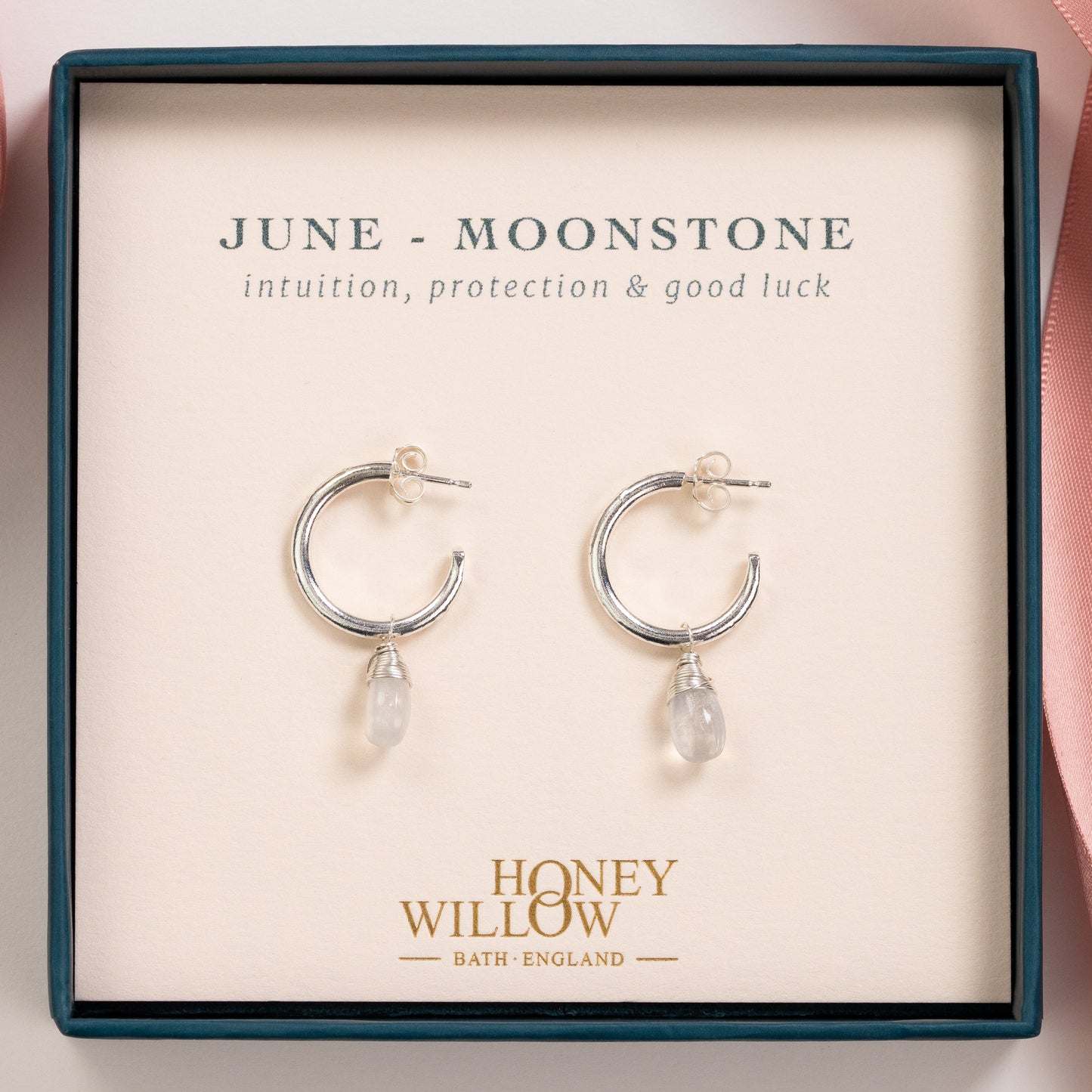June Birthstone Earrings - Moonstone Silver Hoops - 1.5cm