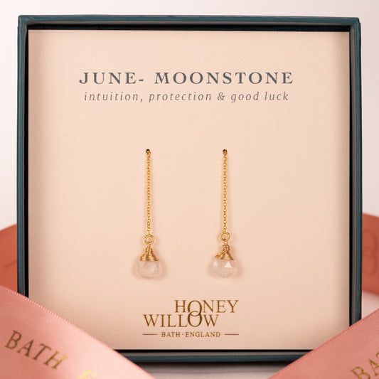 June Birthstone Threader Earrings - Moonstone - Silver & Gold